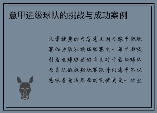 意甲进级球队的挑战与成功案例